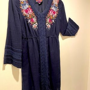 JOHNNY WAS Los Angels, Blue Floral Embroidered Dress - Size XS